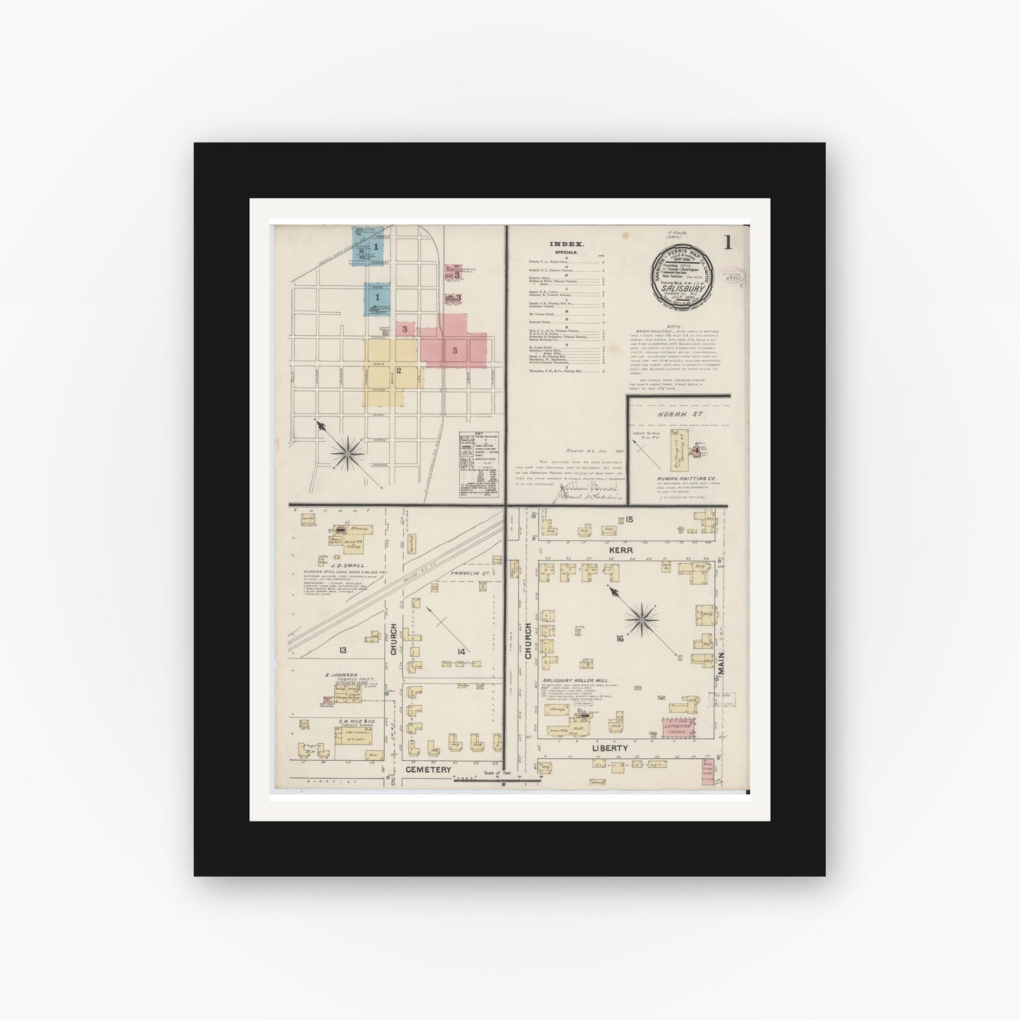 Old map wall art mockup — black gallery frame with white mat — Sanborn Fire Insurance Map from Salisbury, Rowan County, North Carolina (1890) - Complete Map Set