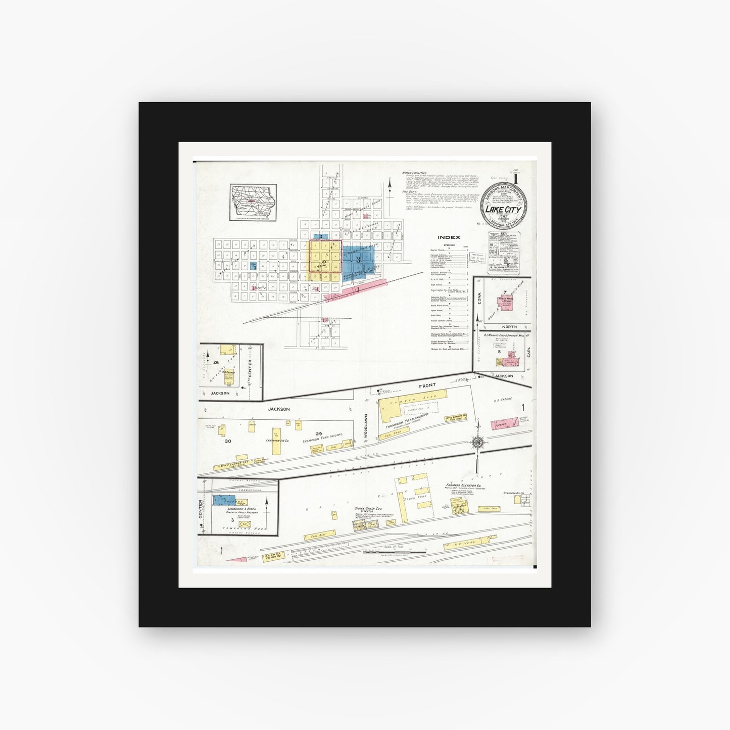 Old map wall art mockup — black gallery frame with white mat — Sanborn Fire Insurance Map from Lake City, Calhoun County, Iowa (1919) — Complete Set