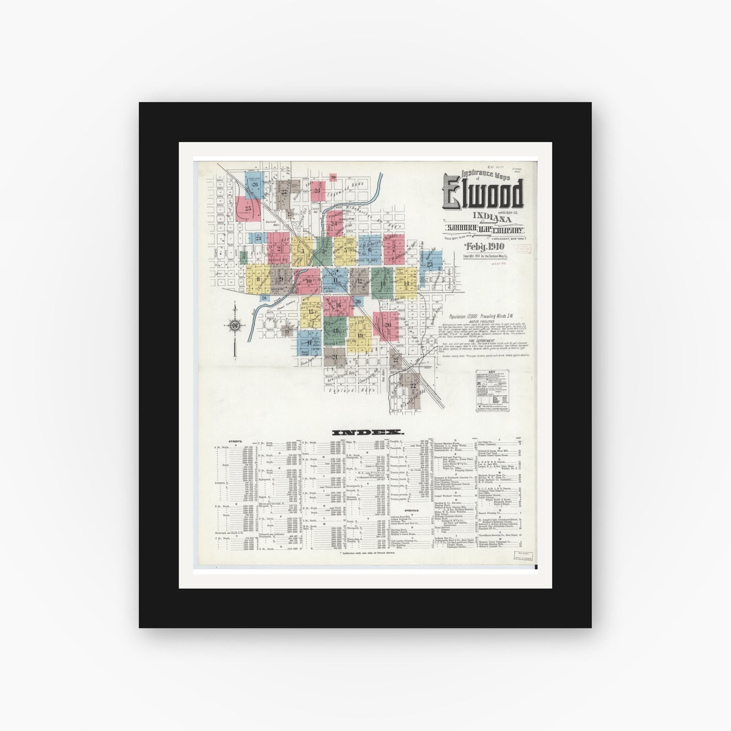 Old map wall art mockup — black gallery frame with white mat — Sanborn Fire Insurance Map from Elwood, Madison County, Indiana (1910), Sheet #0001