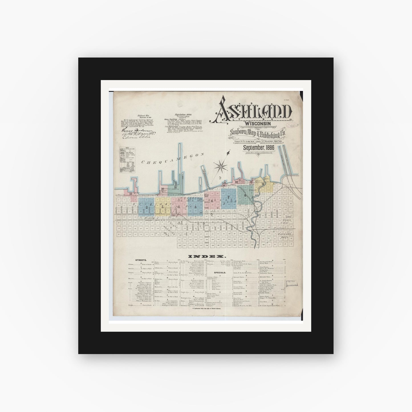 Old map wall art mockup — black gallery frame with white mat — Sanborn Fire Insurance Map from Ashland, Ashland County, Wisconsin (1886), Sheet #0001