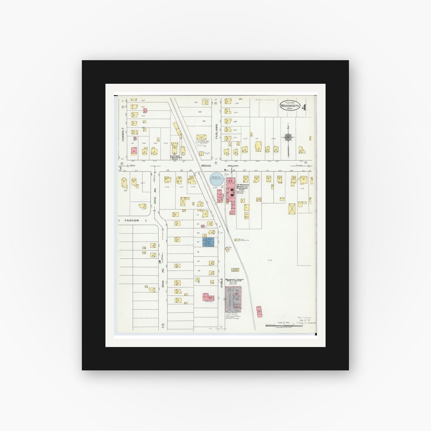 Old map wall art mockup — black gallery frame with white mat — Sanborn Fire Insurance Map from Wadsworth, Medina County, Ohio (1923), Sheet #0004