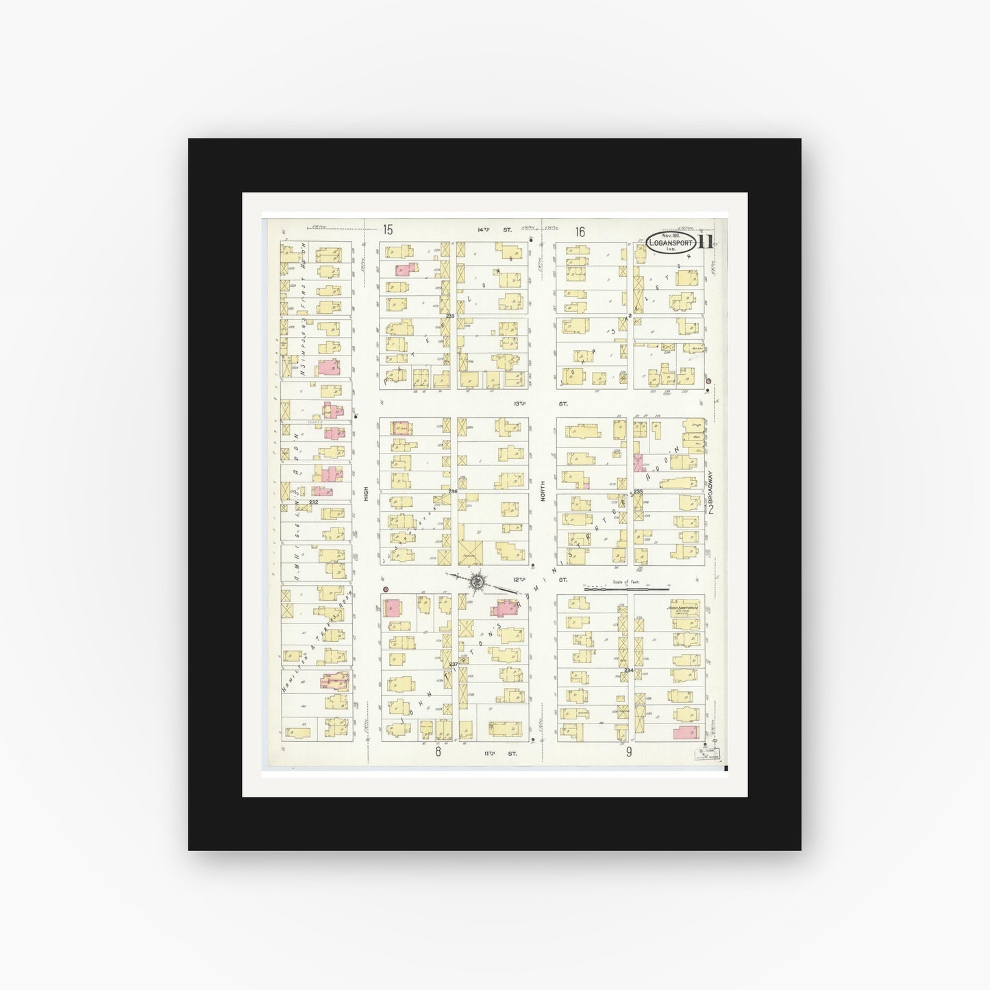 Old map wall art mockup — black gallery frame with white mat — Sanborn Fire Insurance Map from Logansport, Cass County, Indiana (1911), Sheet #0011
