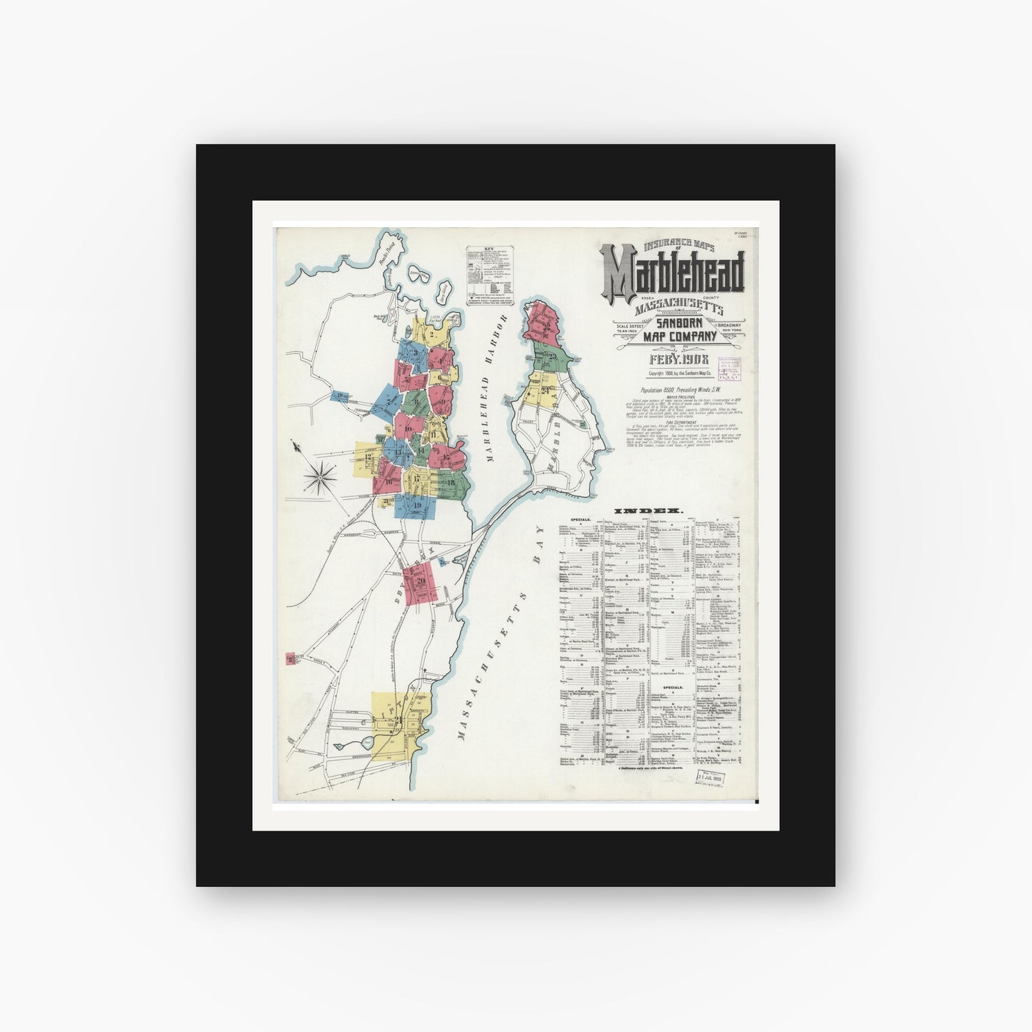 Old map wall art mockup — black gallery frame with white mat — Sanborn Fire Insurance Map from Marblehead, Essex County, Massachusetts (1908) - Complete Map Set