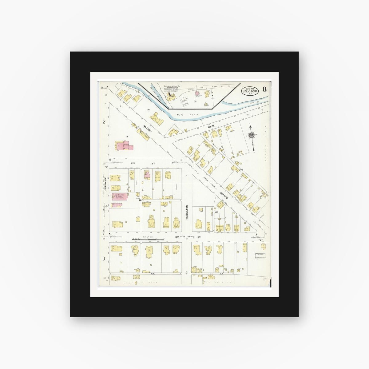 Old map wall art mockup — black gallery frame with white mat — Sanborn Fire Insurance Map from Belvidere, Warren County, New Jersey (1909), Sheet #0008