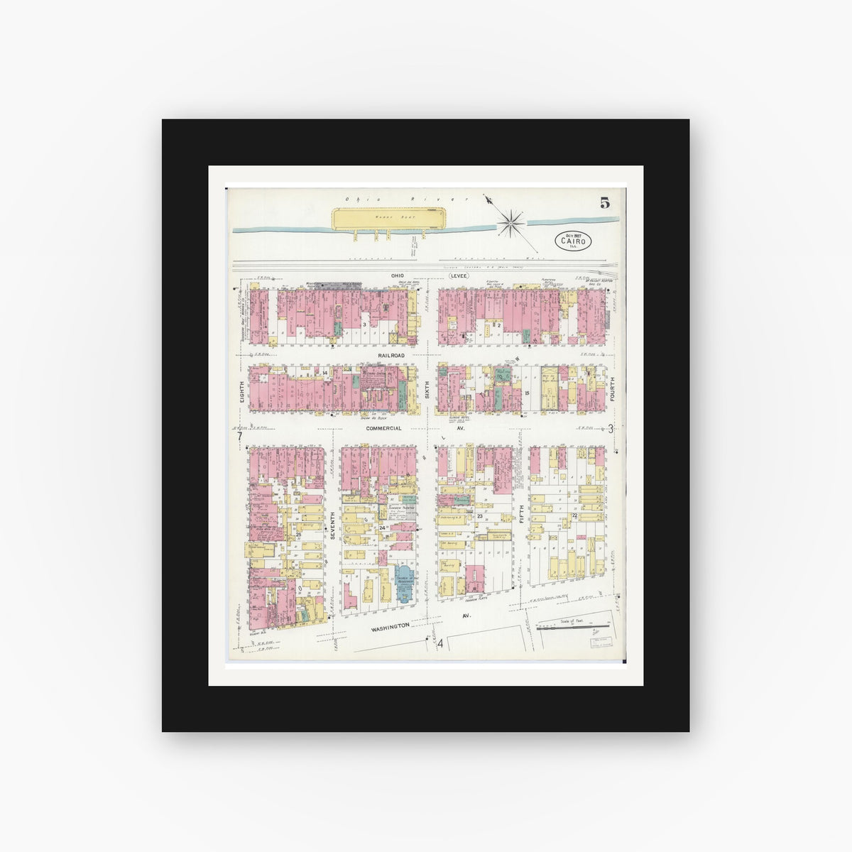 Old map wall art mockup — black gallery frame with white mat — Sanborn Fire Insurance Map from Cairo, Alexander County, Illinois (1907), Sheet #0005
