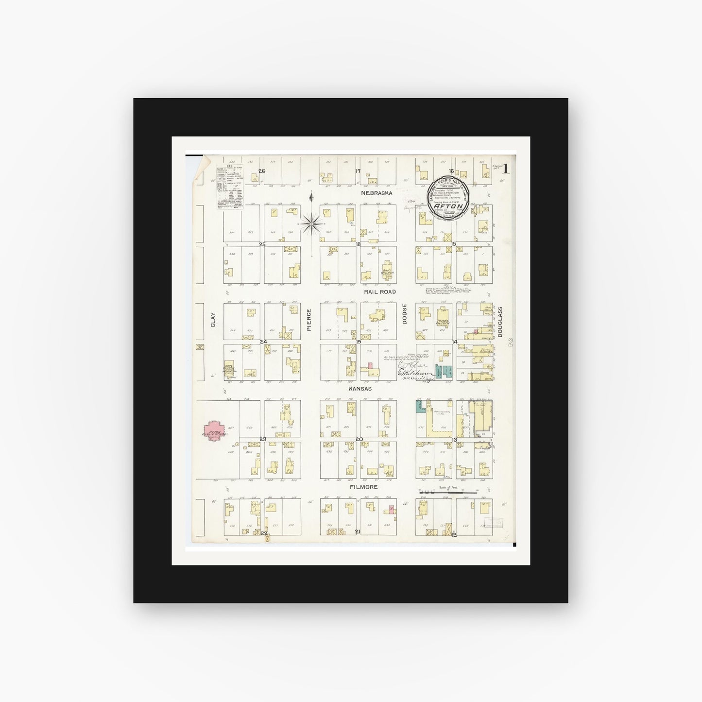 Old map wall art mockup — black gallery frame with white mat — Sanborn Fire Insurance Map from Afton, Union County, Iowa (1893) — Complete Set
