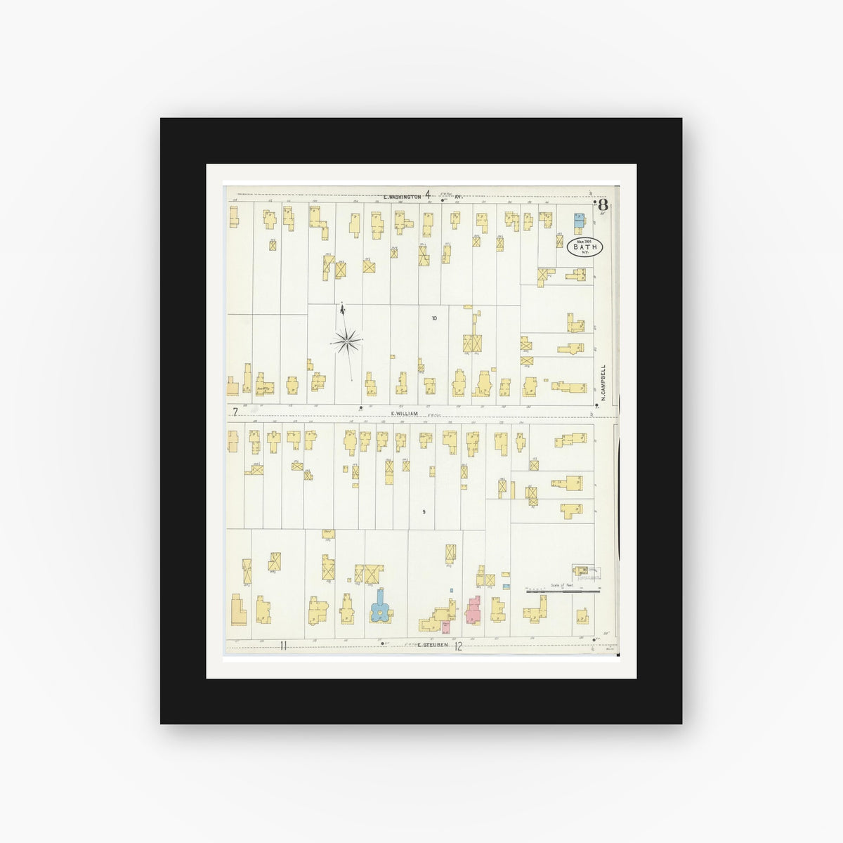Old map wall art mockup — black gallery frame with white mat — Sanborn Fire Insurance Map from Bath, Steuben County, New York (1904), Sheet #0008