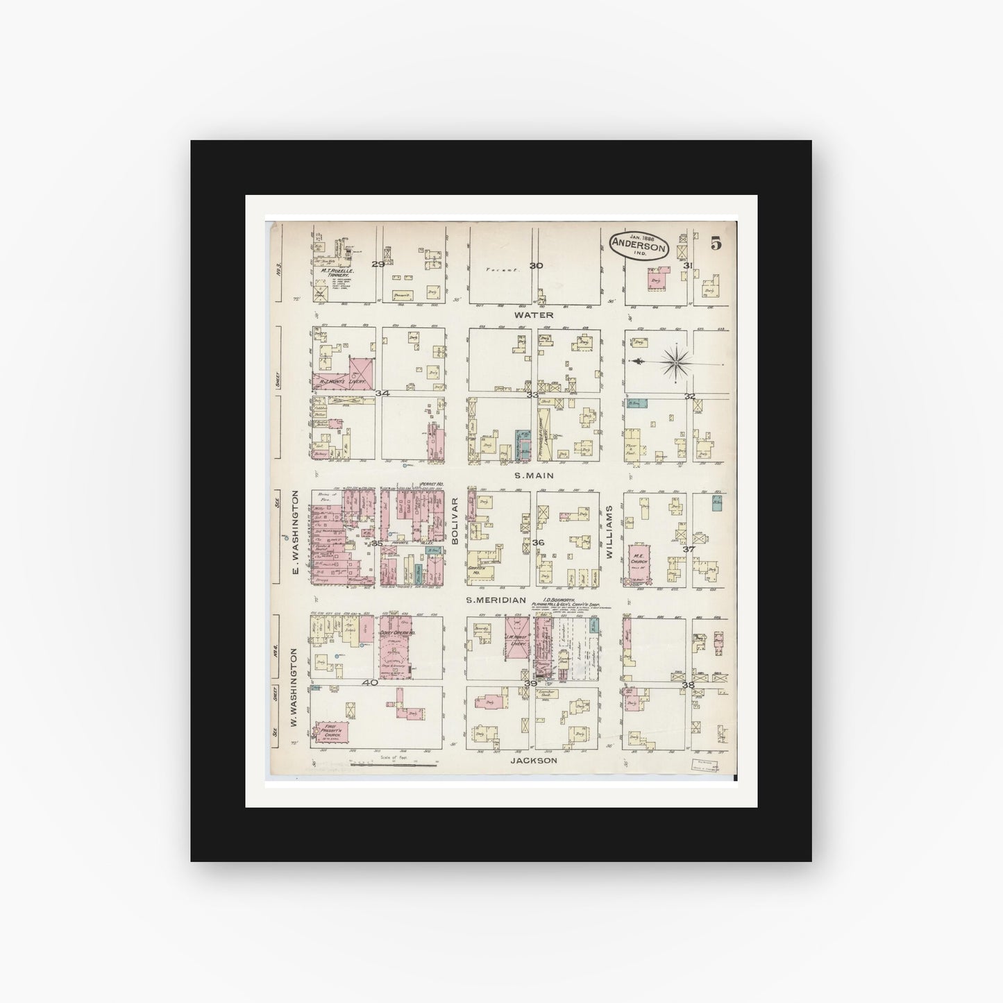 Old map wall art mockup — black gallery frame with white mat — Sanborn Fire Insurance Map from Anderson, Madison County, Indiana (1886), Sheet #0005
