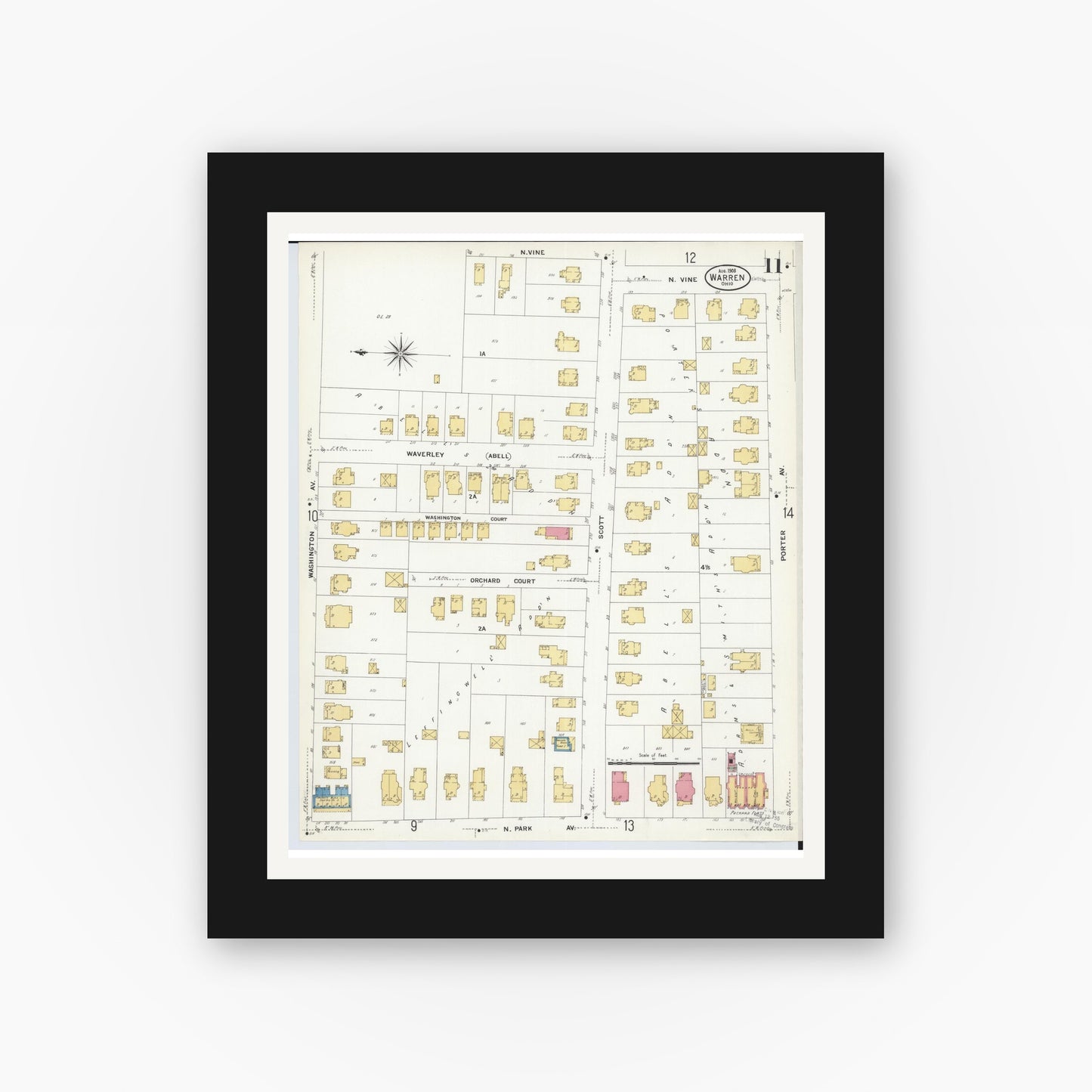 Old map wall art mockup — black gallery frame with white mat — Sanborn Fire Insurance Map from Warren, Trumbull County, Ohio (1908), Sheet #0011