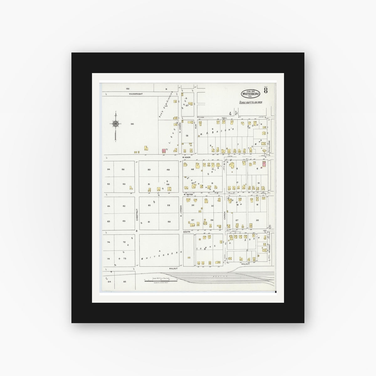 Old map wall art mockup — black gallery frame with white mat — Sanborn Fire Insurance Map from Whitesboro, Grayson County, Texas (1921), Sheet #0008