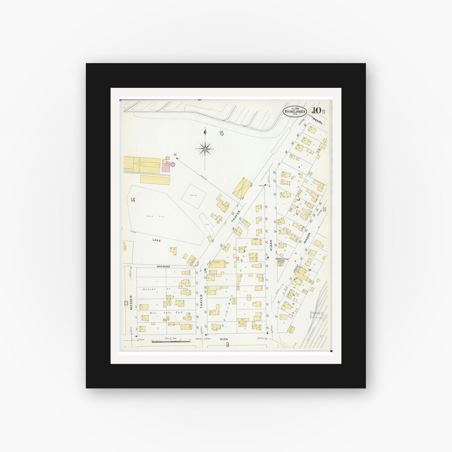 Old map wall art mockup — black gallery frame with white mat — Sanborn Fire Insurance Map from Rhinelander, Oneida County, Wisconsin (1908), Sheet #0010