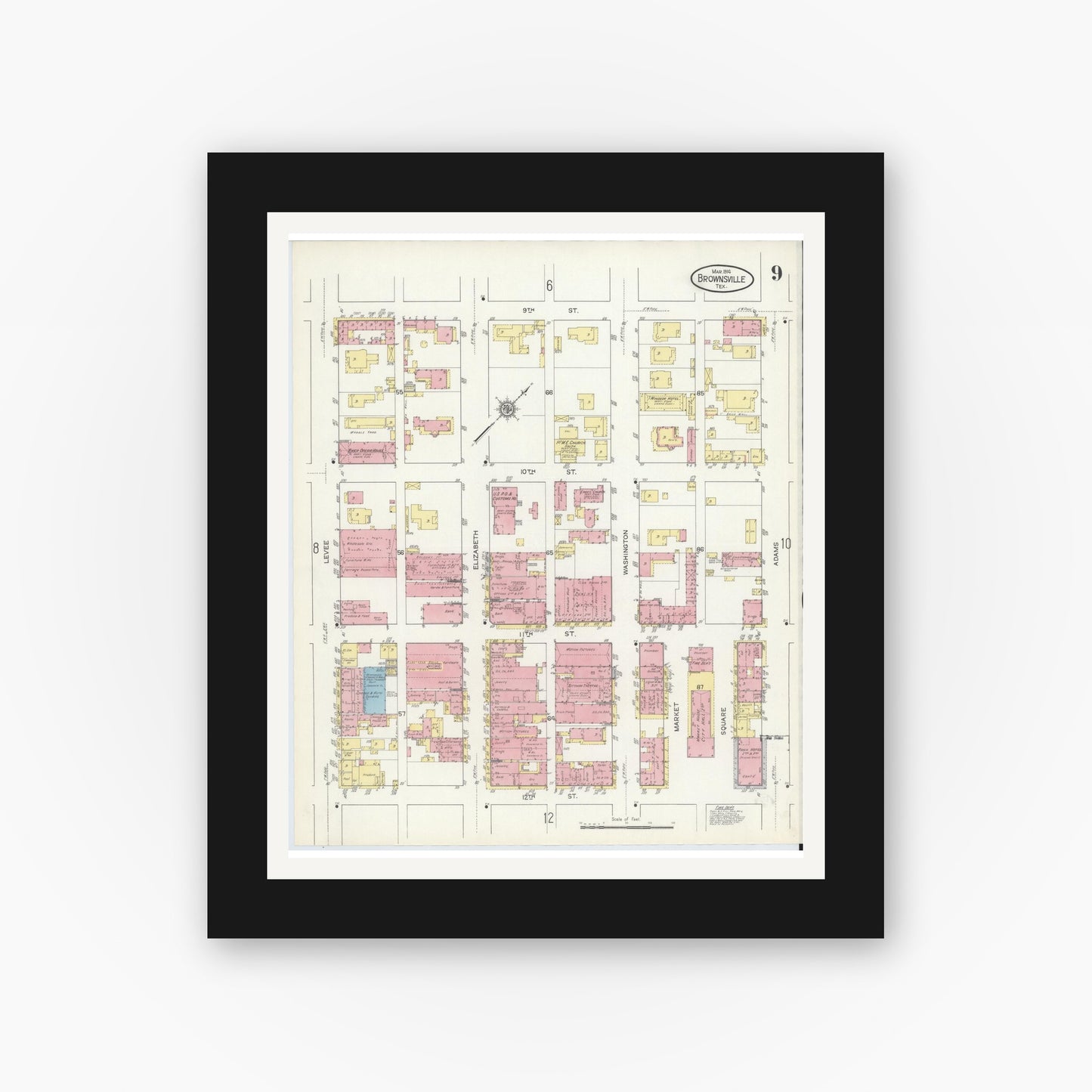 Old map wall art mockup — black gallery frame with white mat — Sanborn Fire Insurance Map from Brownsville, Cameron County, Texas (1914), Sheet #0009