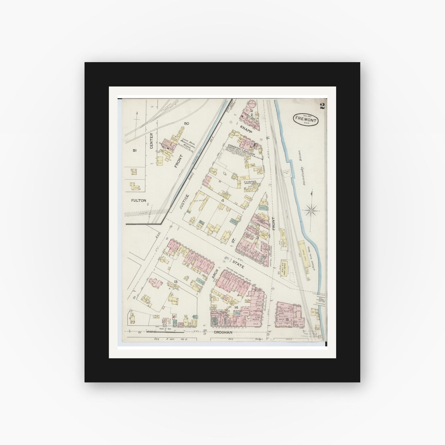 Old map wall art mockup — black gallery frame with white mat — Sanborn Fire Insurance Map from Fremont, Sandusky County, Ohio (1887), Sheet #0002