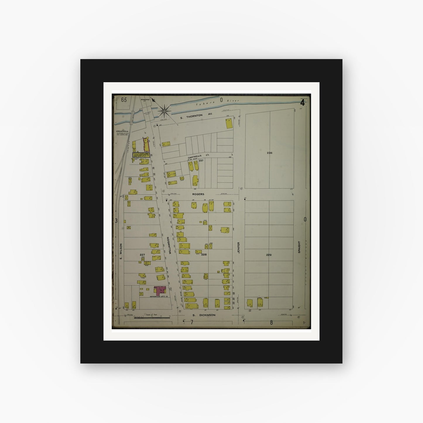 Old map wall art mockup — black gallery frame with white mat — Sanborn Fire Insurance Map from Madison, Dane County, Wisconsin (1908), Sheet #0004