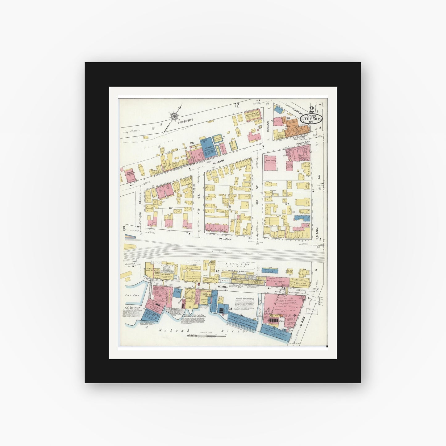Old map wall art mockup — black gallery frame with white mat — Sanborn Fire Insurance Map from Little Falls, Herkimer County, New York (1918) - Complete Map Set