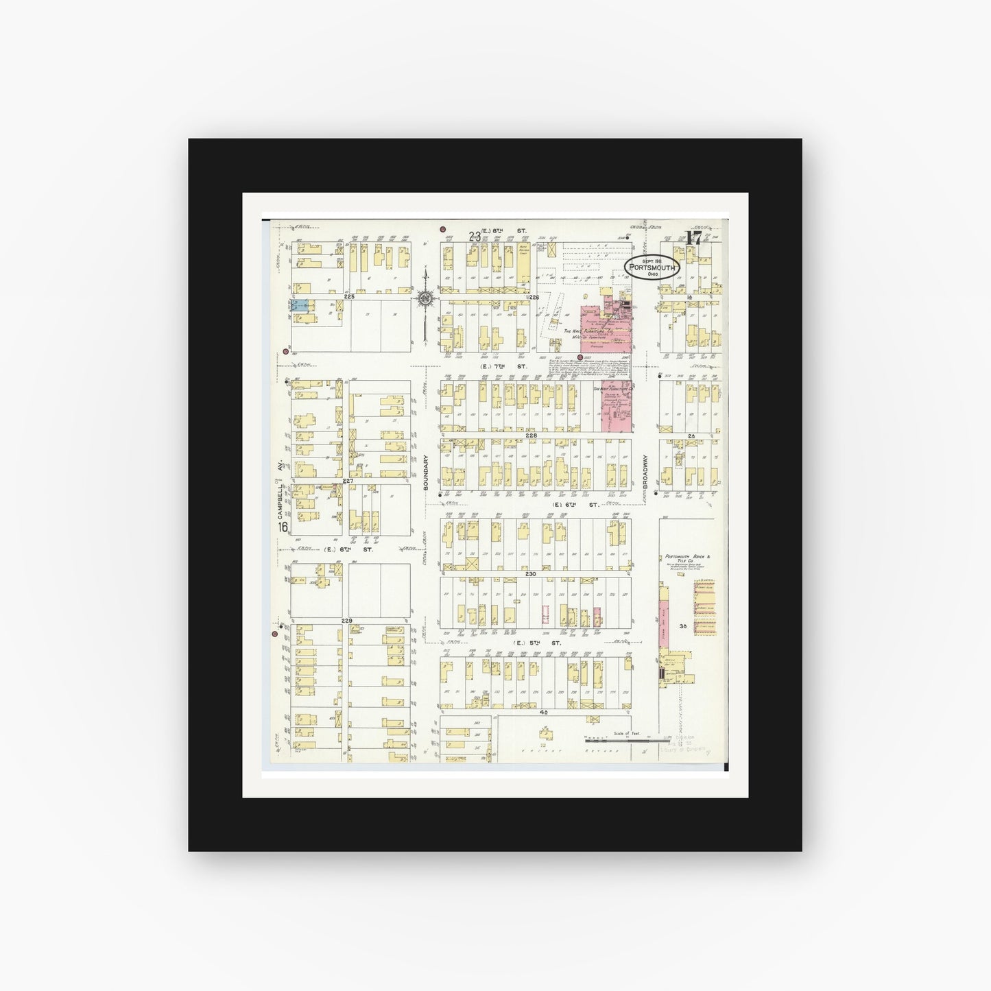 Old map wall art mockup — black gallery frame with white mat — Sanborn Fire Insurance Map from Portsmouth, Scioto County, Ohio (1911), Sheet #0017