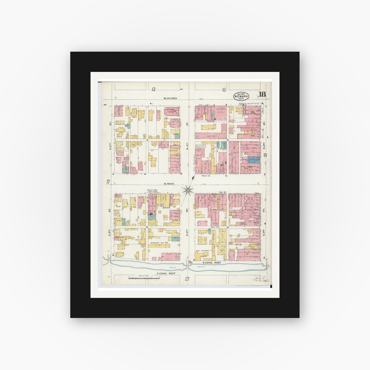 Old map wall art mockup — black gallery frame with white mat — Sanborn Fire Insurance Map from Newark, Licking County, Ohio (1905), Sheet #0018