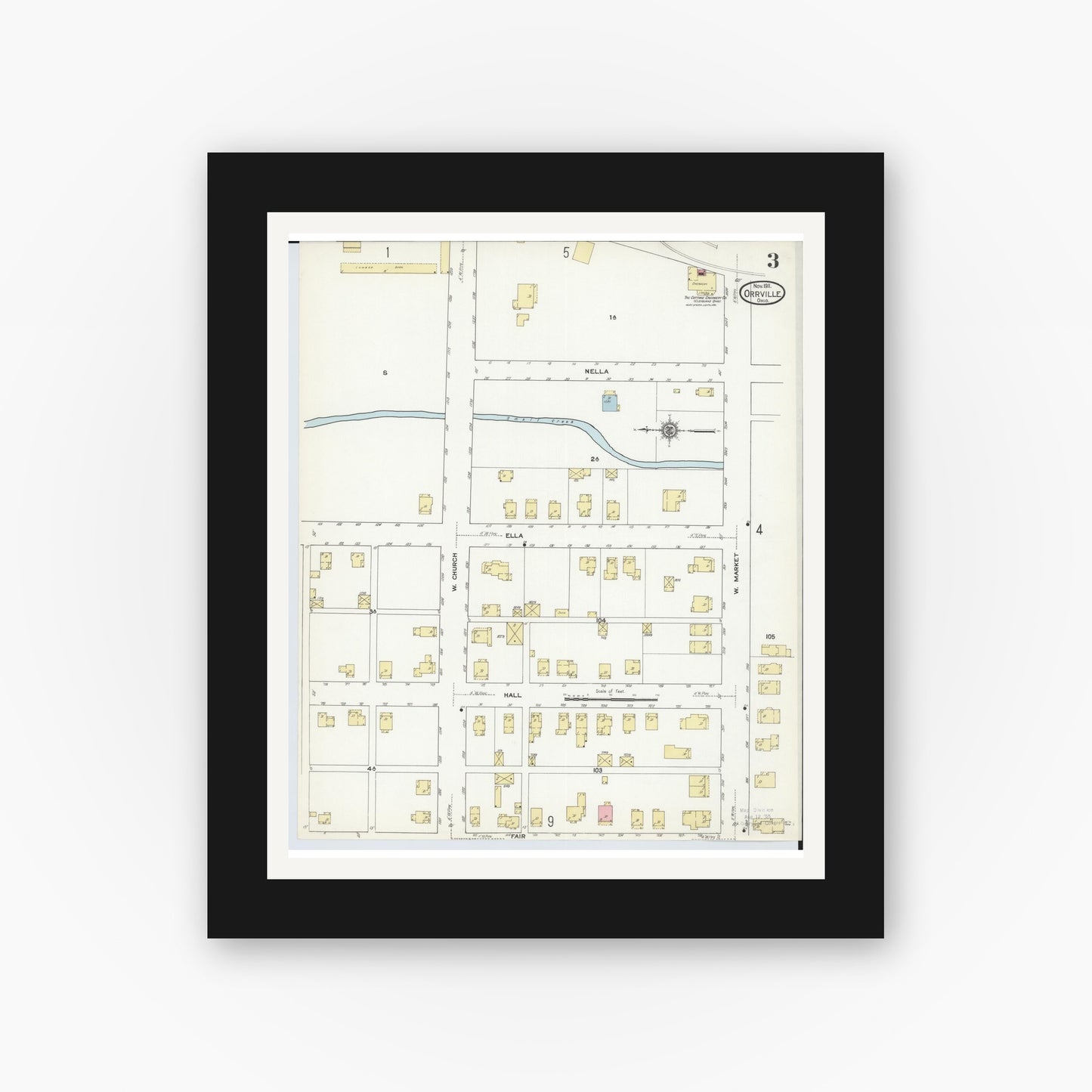 Old map wall art mockup — black gallery frame with white mat — Sanborn Fire Insurance Map from Orrville, Wayne County, Ohio (1911), Sheet #0003