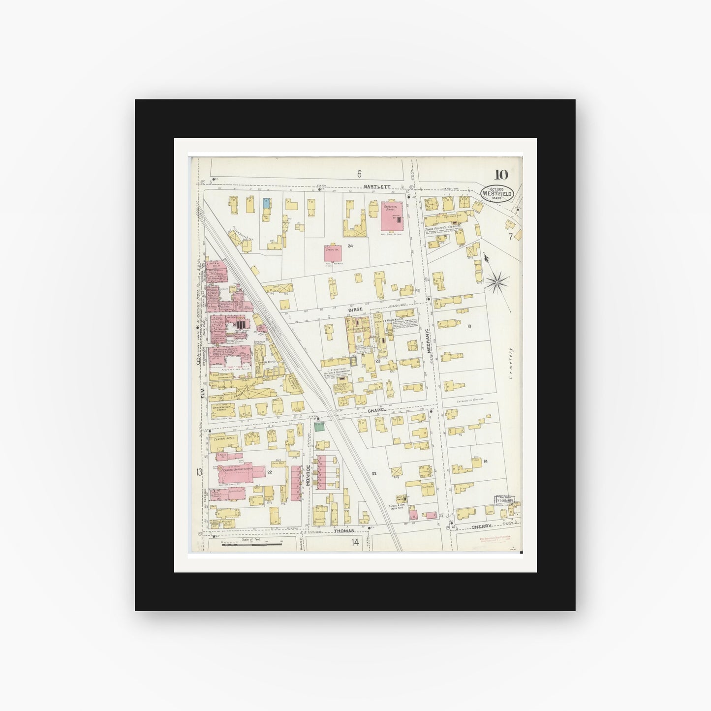 Old map wall art mockup — black gallery frame with white mat — Sanborn Fire Insurance Map from Westfield, Hampden County, Massachusetts (1905), Sheet #0010