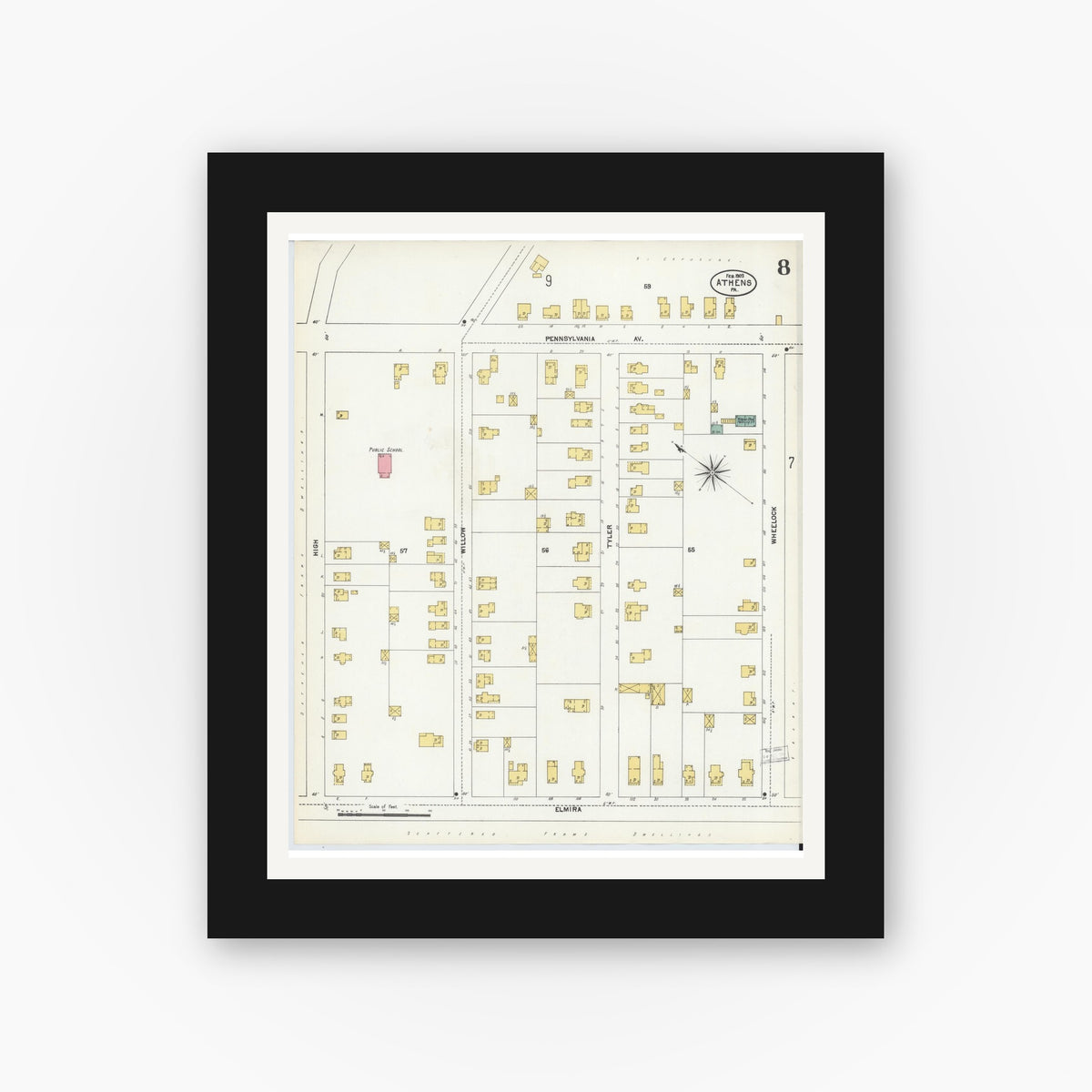 Old map wall art mockup — black gallery frame with white mat — Sanborn Fire Insurance Map from Athens, Bradford County, Pennsylvania (1903), Sheet #0008