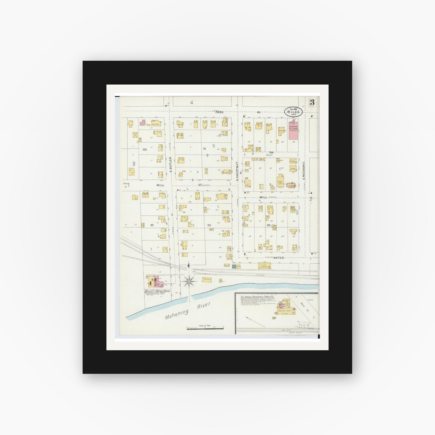 Old map wall art mockup — black gallery frame with white mat — Sanborn Fire Insurance Map from Niles, Trumbull County, Ohio (1898), Sheet #0003
