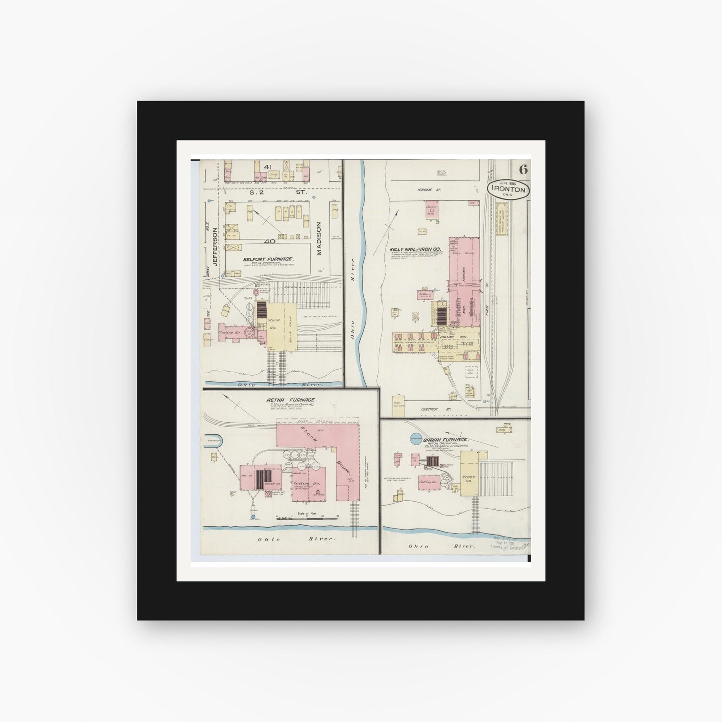 Old map wall art mockup — black gallery frame with white mat — Sanborn Fire Insurance Map from Ironton, Lawrence County, Ohio (1885), Sheet #0006
