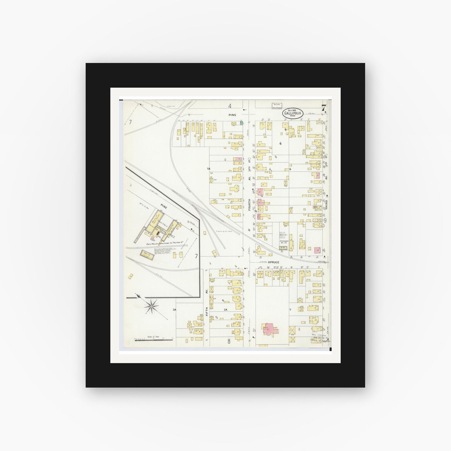 Old map wall art mockup — black gallery frame with white mat — Sanborn Fire Insurance Map from Gallipolis, Gallia County, Ohio (1908), Sheet #0007
