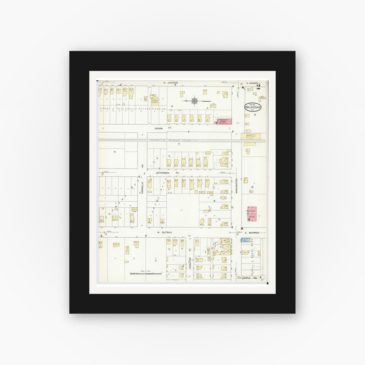 Old map wall art mockup — black gallery frame with white mat — Sanborn Fire Insurance Map from Waukegan, Lake County, Illinois (1912), Sheet #0002