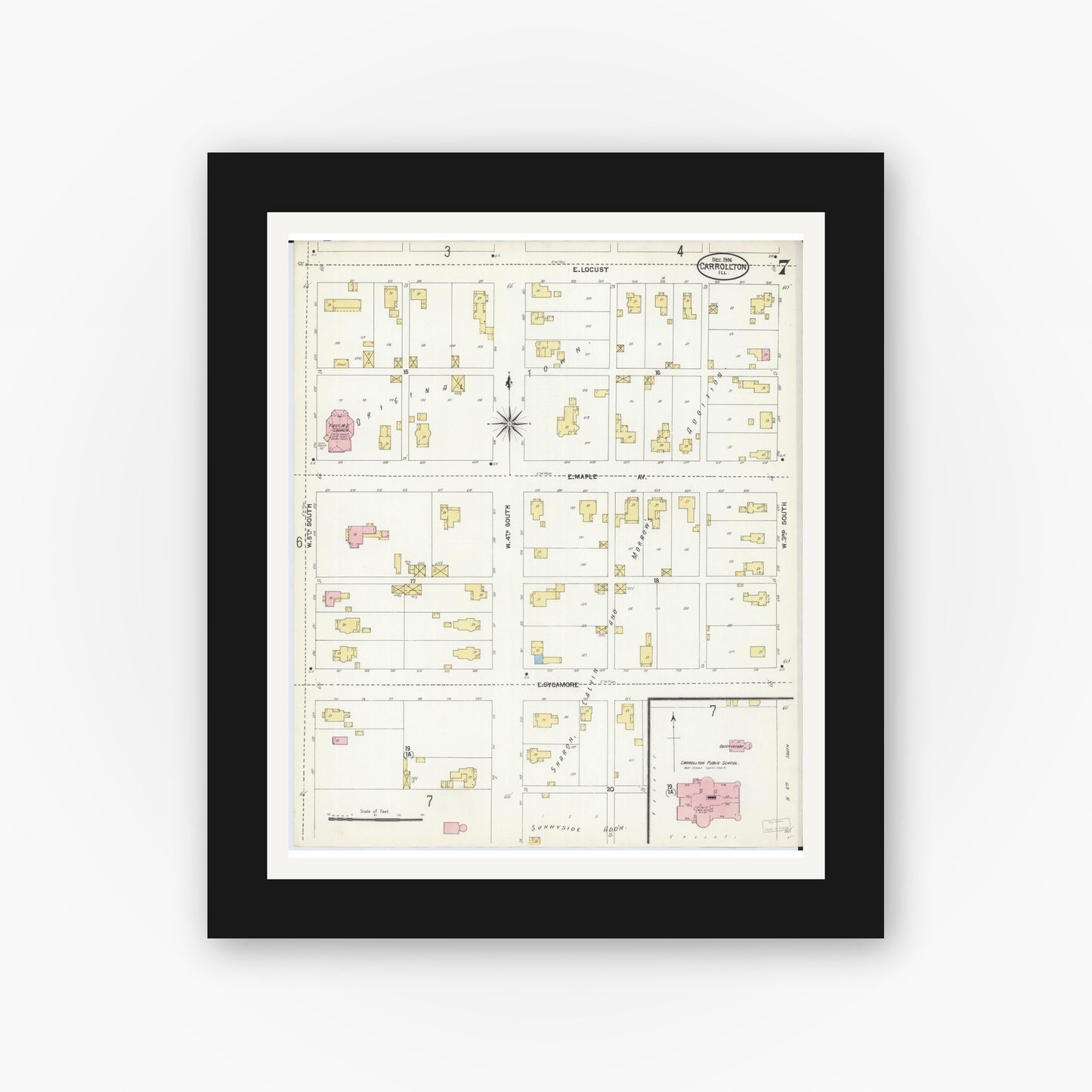 Old map wall art mockup — black gallery frame with white mat — Sanborn Fire Insurance Map from Carrollton, Greene County, Illinois (1906), Sheet #0007