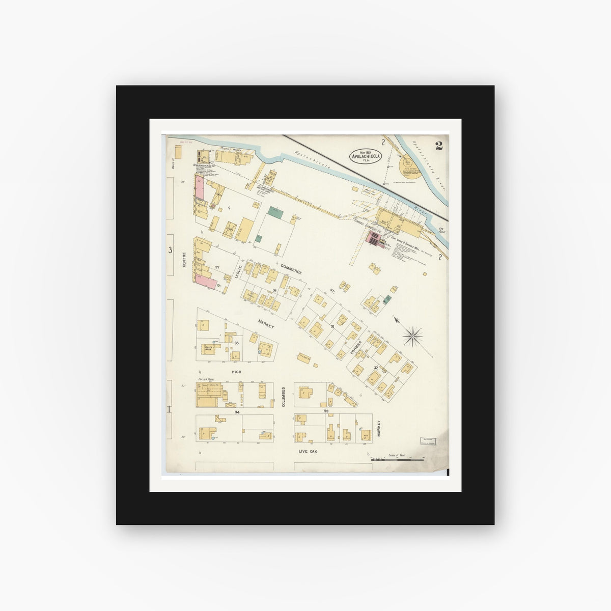 Old map wall art mockup — black gallery frame with white mat — Sanborn Fire Insurance Map from Apalachicola, Franklin County, Florida (1903), Sheet #0002