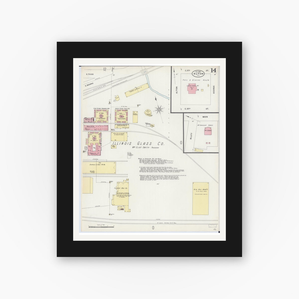Old map wall art mockup — black gallery frame with white mat — Sanborn Fire Insurance Map from Alton, Madison County, Illinois (1897), Sheet #0014