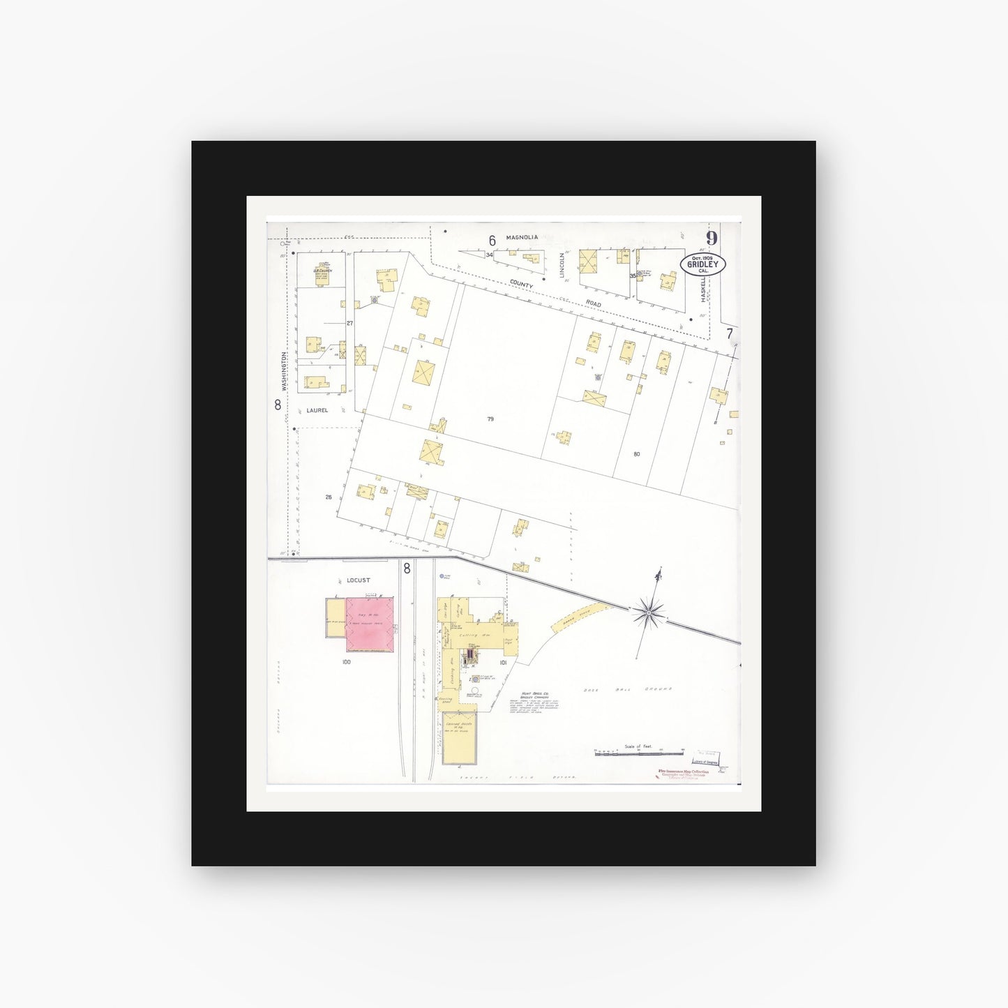 Old map wall art mockup — black gallery frame with white mat — Sanborn Fire Insurance Map from Gridley, Butte County, California (1909), Sheet #0009
