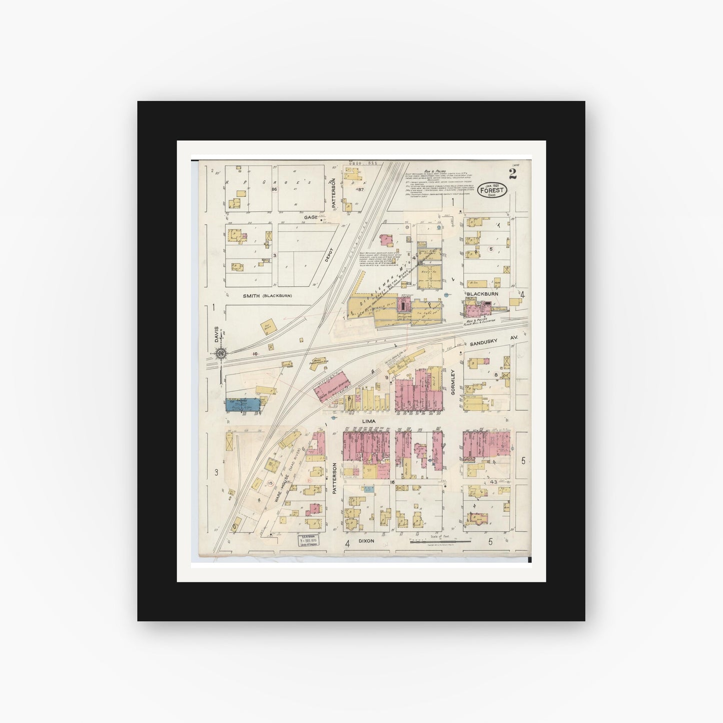 Old map wall art mockup — black gallery frame with white mat — Sanborn Fire Insurance Map from Forest, Hardin County, Ohio (1932), Sheet #0002