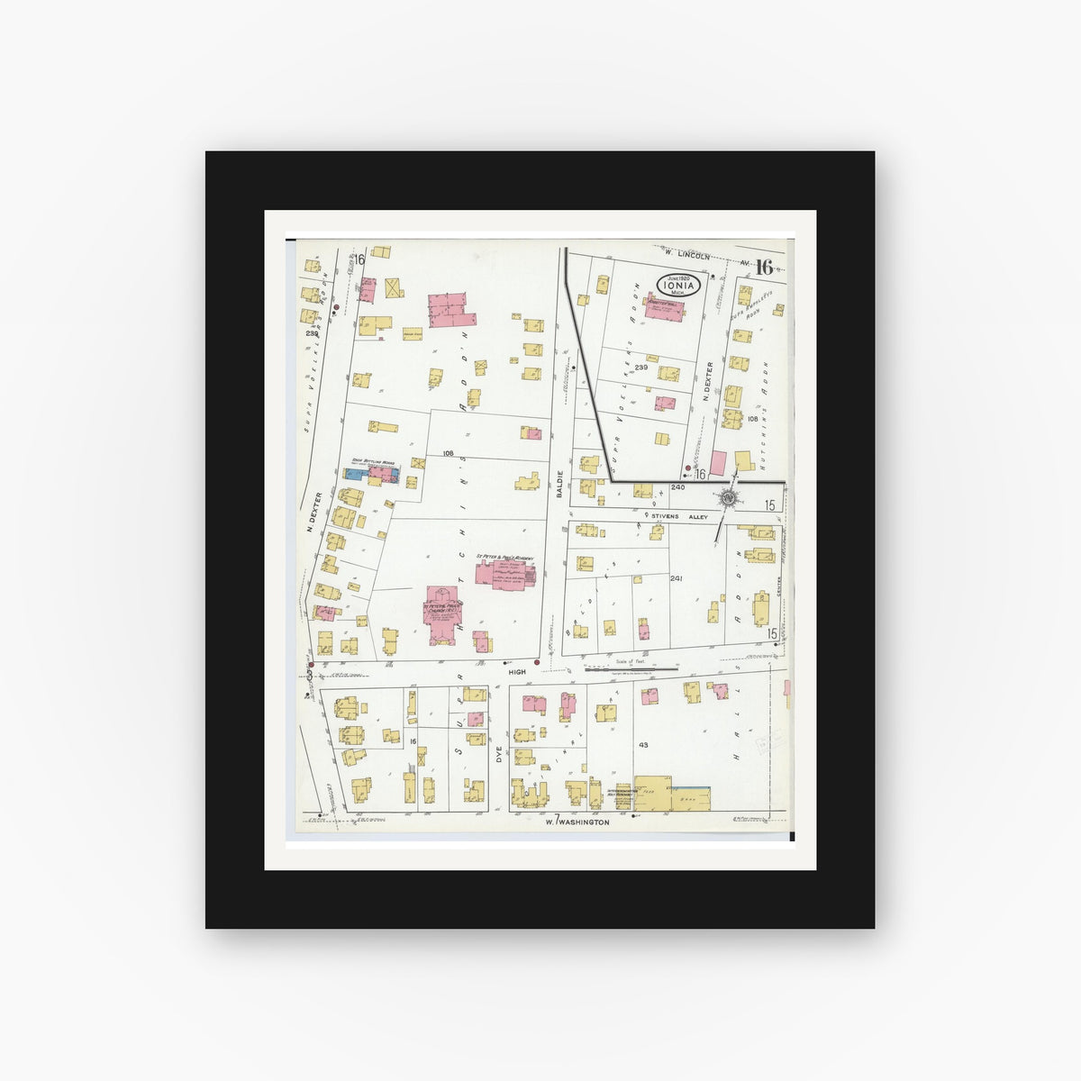 Old map wall art mockup — black gallery frame with white mat — Sanborn Fire Insurance Map from Ionia, Ionia County, Michigan (1920), Sheet #0016