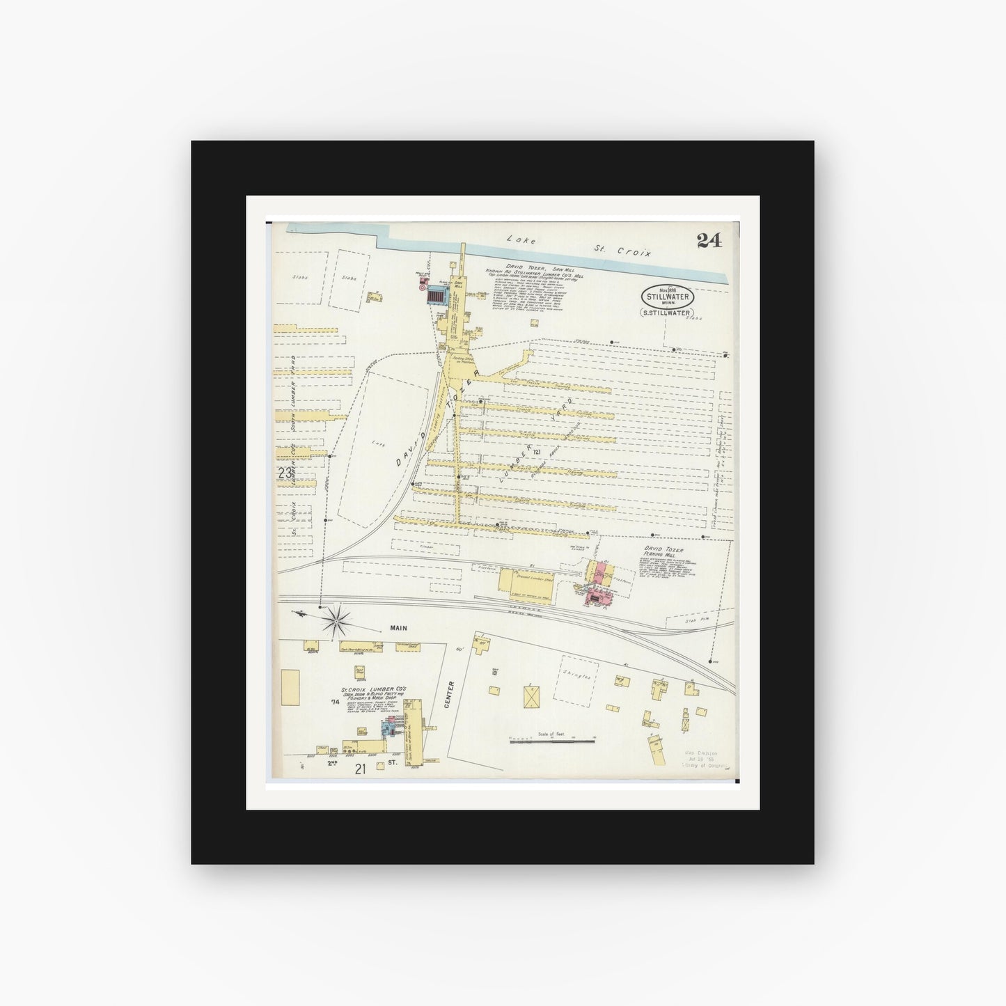 Old map wall art mockup — black gallery frame with white mat — Sanborn Fire Insurance Map from Stillwater, Washington County, Minnesota (1898), Sheet #0024