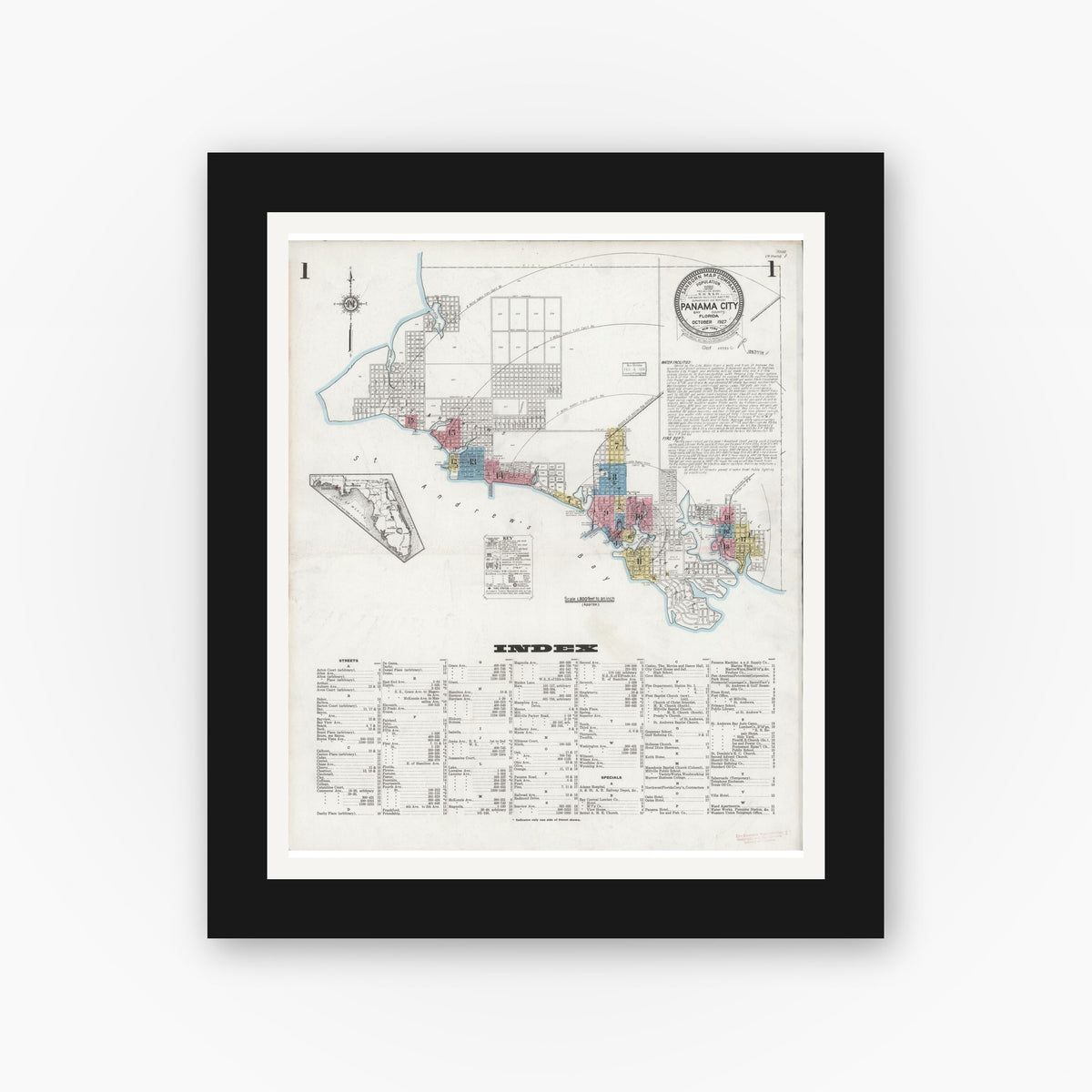 Old map wall art mockup — black gallery frame with white mat — Sanborn Fire Insurance Map from Panama City, Bay County, Florida (1927) - Complete Map Set
