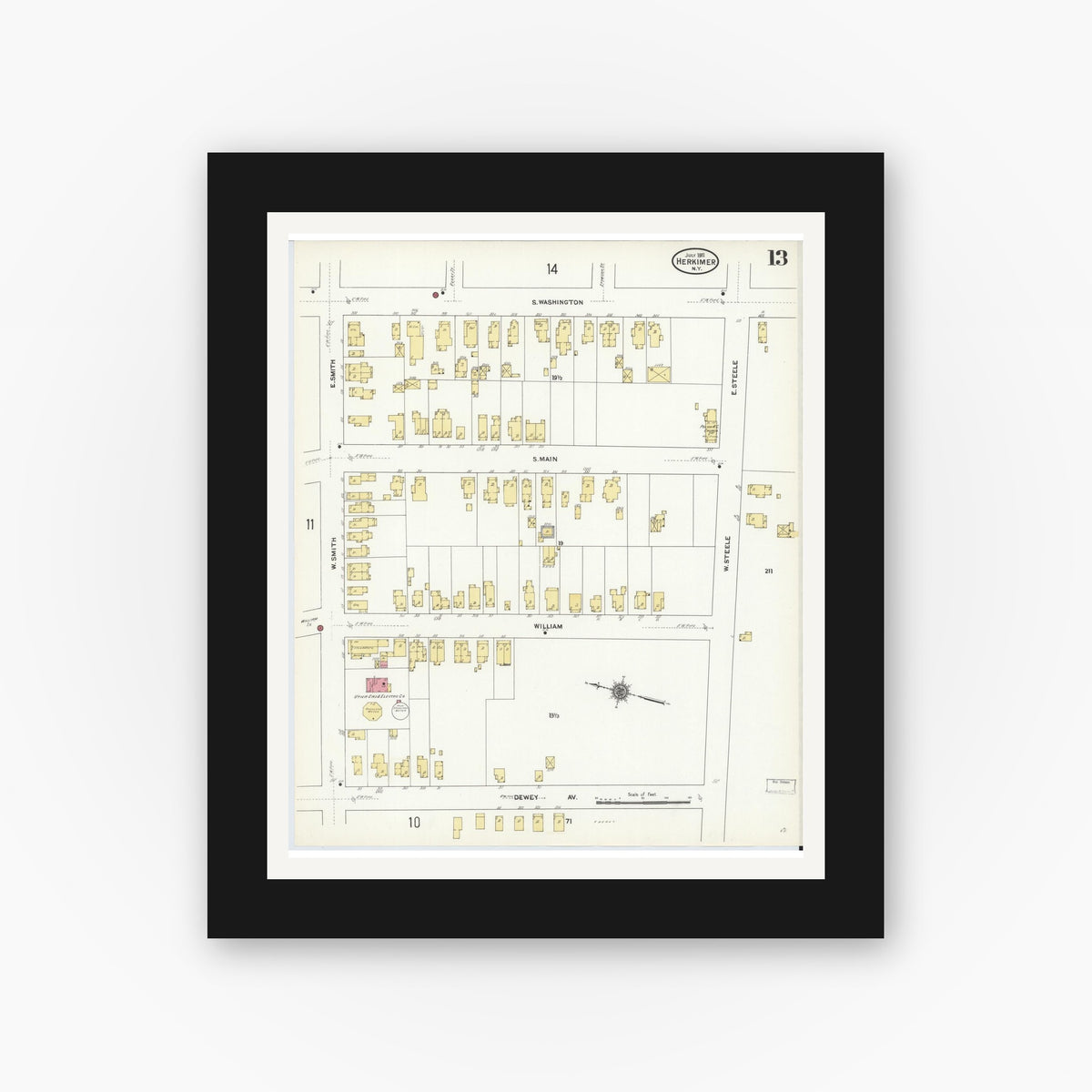 Old map wall art mockup — black gallery frame with white mat — Sanborn Fire Insurance Map from Herkimer, Herkimer County, New York (1911), Sheet #0013