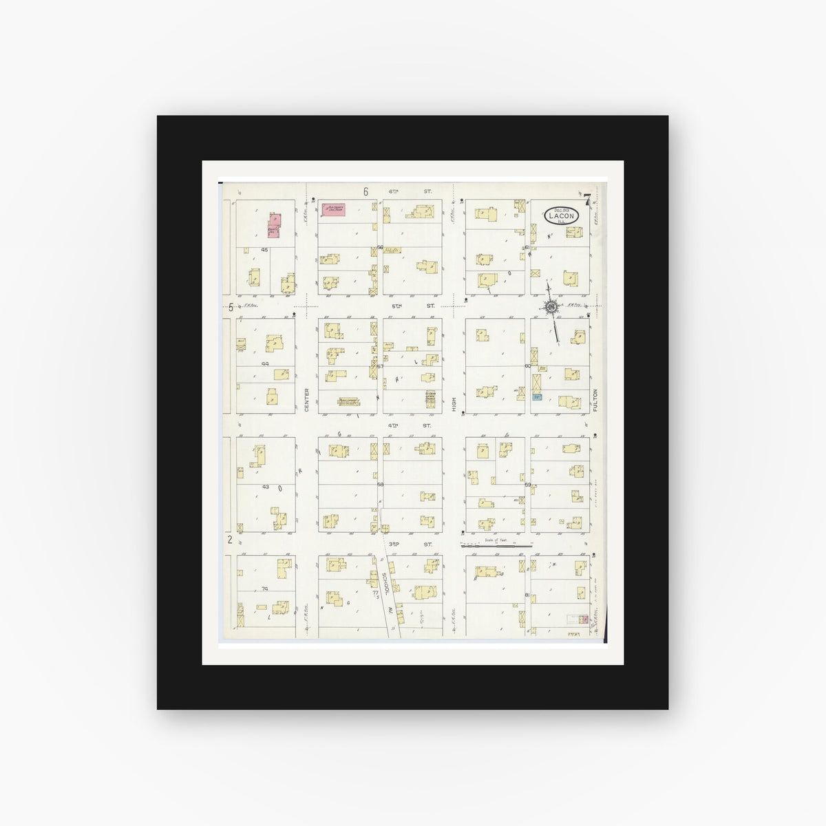 Old map wall art mockup — black gallery frame with white mat — Sanborn Fire Insurance Map from Lacon, Marshall County, Illinois (1913), Sheet #0007