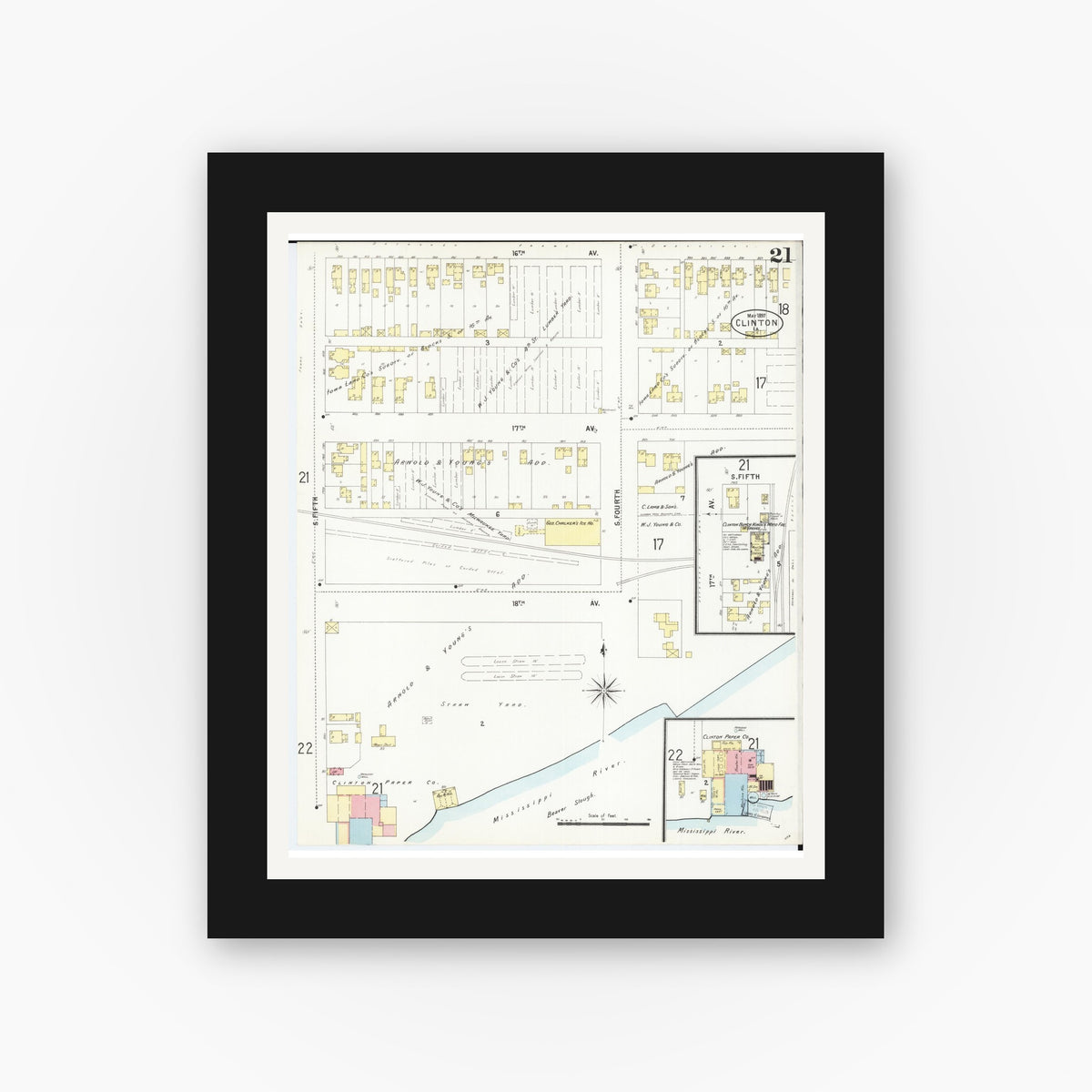 Old map wall art mockup — black gallery frame with white mat — Sanborn Fire Insurance Map from Clinton, Clinton County, Iowa (1897), Sheet #0021