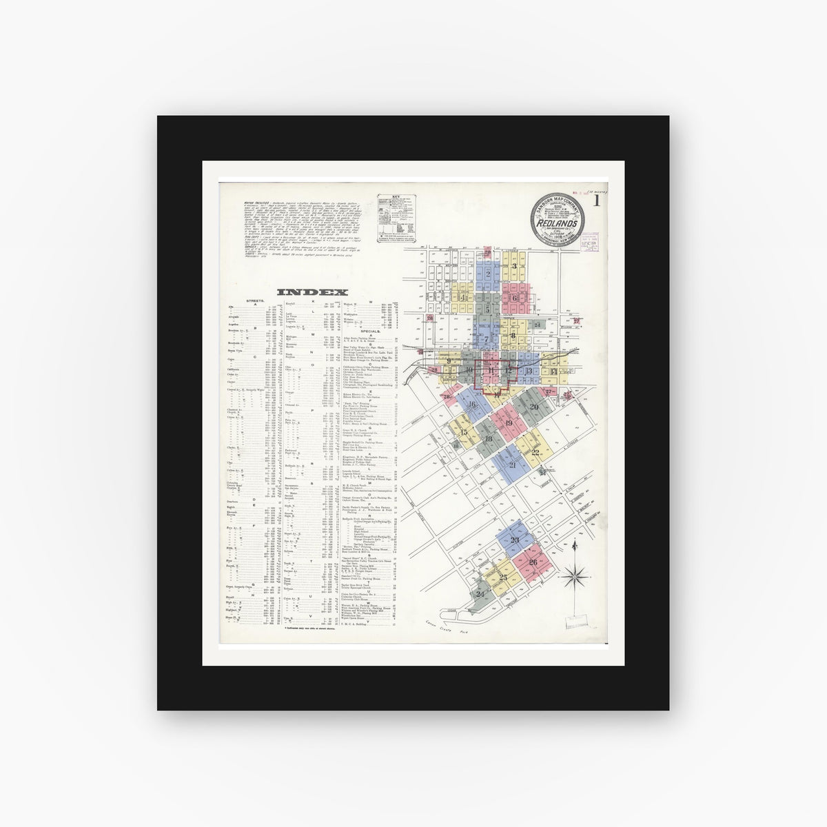 Old map wall art mockup — black gallery frame with white mat — Sanborn Fire Insurance Map from Redlands, San Bernardino County, California (1908) - Complete Map Set
