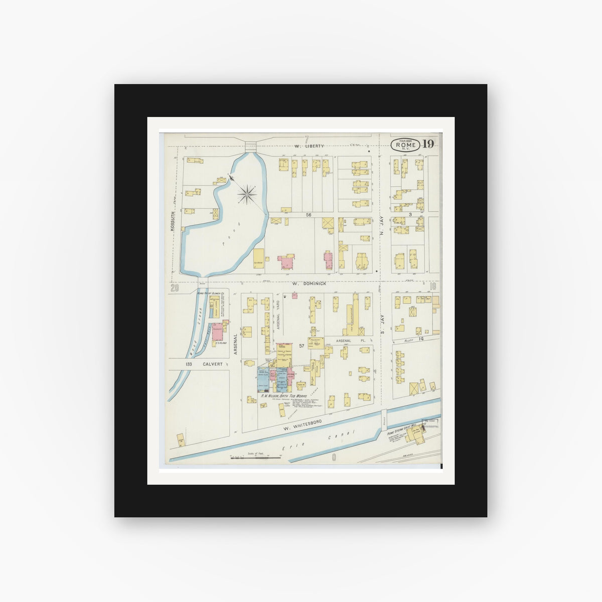 Old map wall art mockup — black gallery frame with white mat — Sanborn Fire Insurance Map from Rome, Oneida County, New York (1894), Sheet #0019
