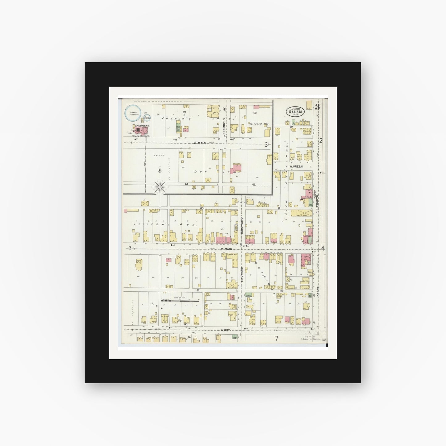 Old map wall art mockup — black gallery frame with white mat — Sanborn Fire Insurance Map from Salem, Columbiana County, Ohio (1898), Sheet #0003