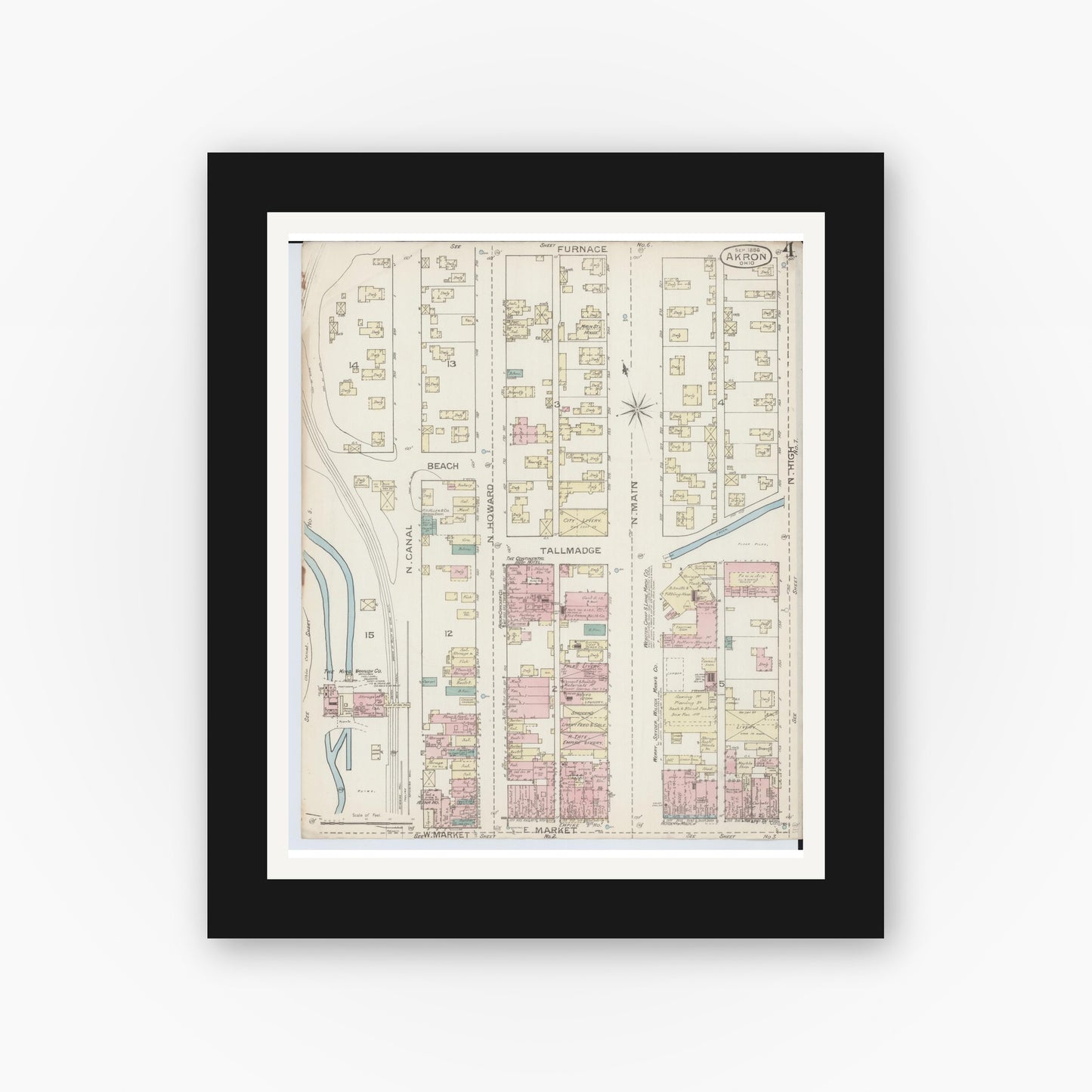 Old map wall art mockup — black gallery frame with white mat — Sanborn Fire Insurance Map from Akron, Summit County, Ohio (1886), Sheet #0004