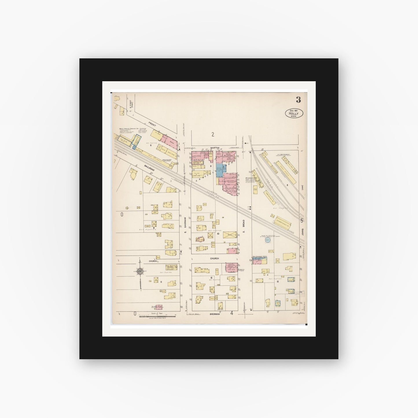 Old map wall art mockup — black gallery frame with white mat — Sanborn Fire Insurance Map from Holly, Oakland County, Michigan (1921), Sheet #0003