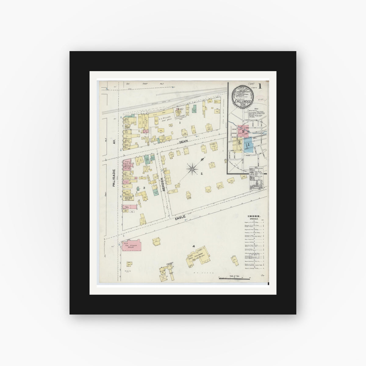 Old map wall art mockup — black gallery frame with white mat — Sanborn Fire Insurance Map from Englewood, Bergen County, New Jersey (1890), Sheet #0001