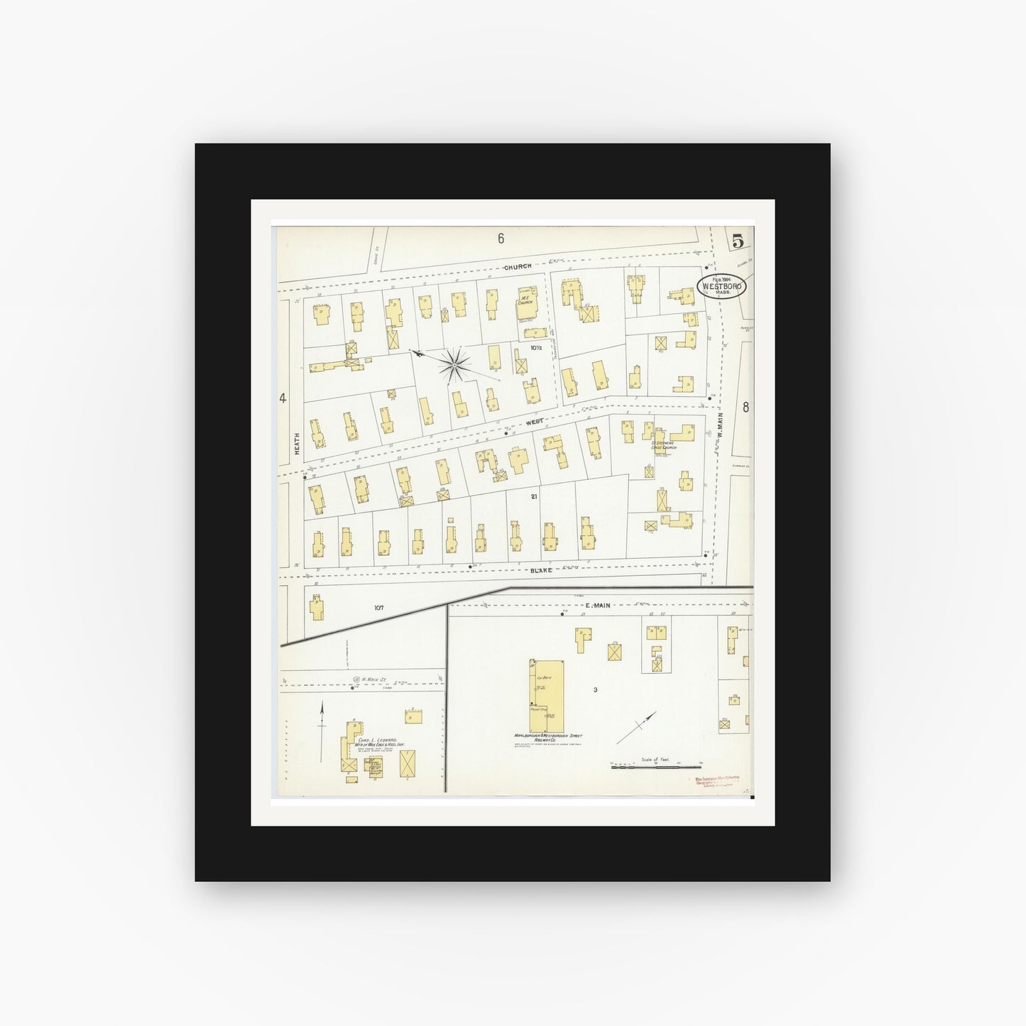 Old map wall art mockup — black gallery frame with white mat — Sanborn Fire Insurance Map from Westboro, Worcester County, Massachusetts (1904), Sheet #0005