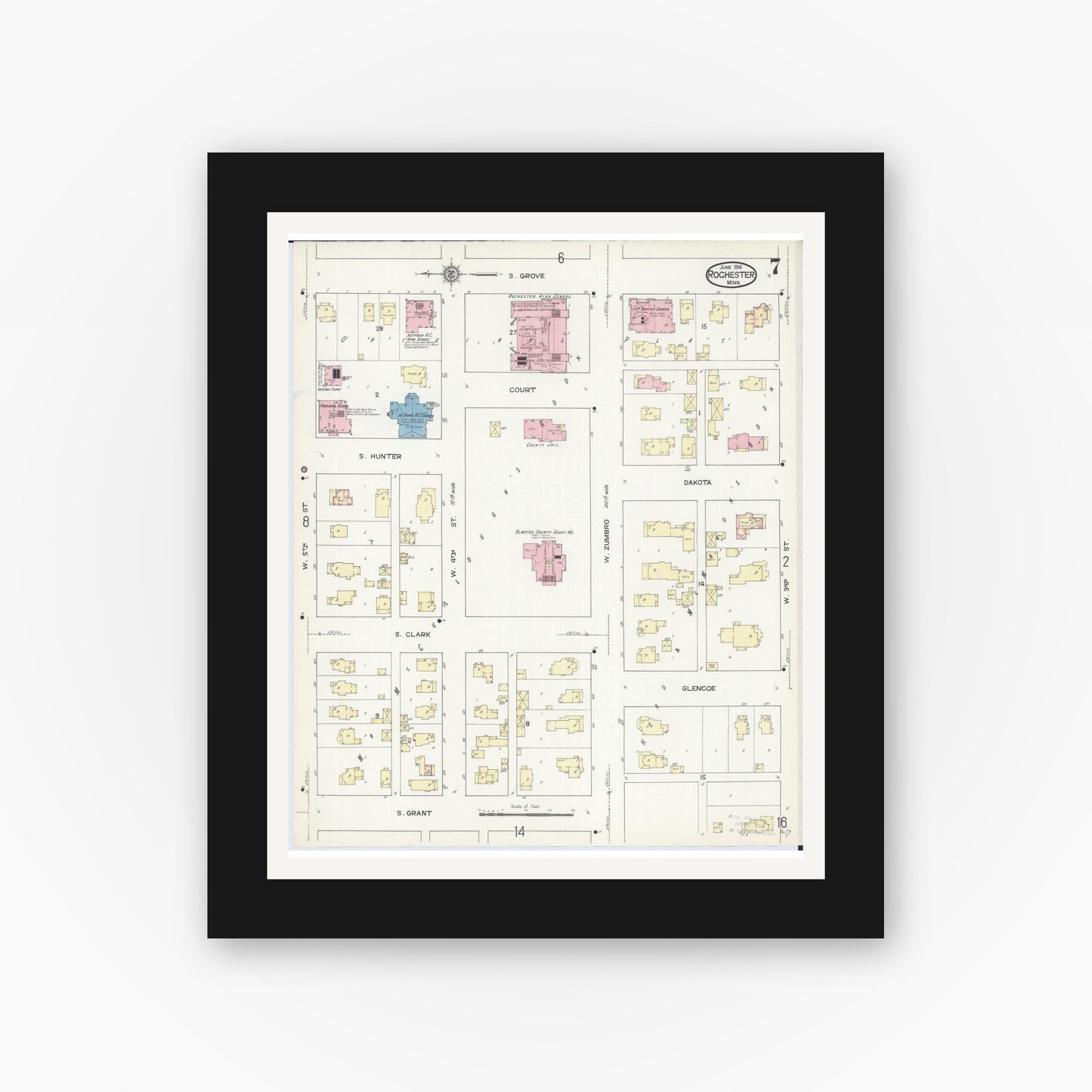 Old map wall art mockup — black gallery frame with white mat — Sanborn Fire Insurance Map from Rochester, Olmsted County, Minnesota (1914), Sheet #0007