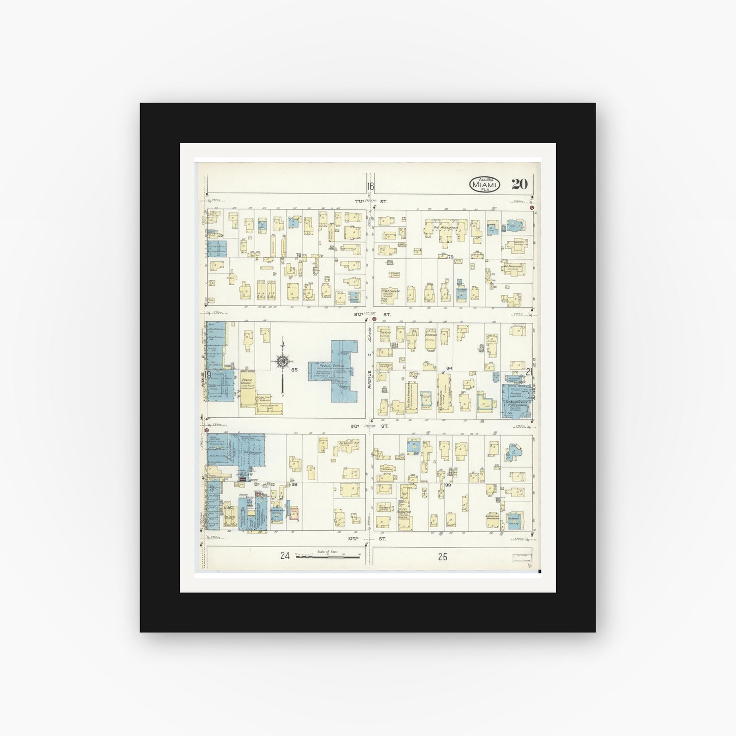 Old map wall art mockup — black gallery frame with white mat — Sanborn Fire Insurance Map from Miami, Dade County, Florida (1914), Sheet #0020