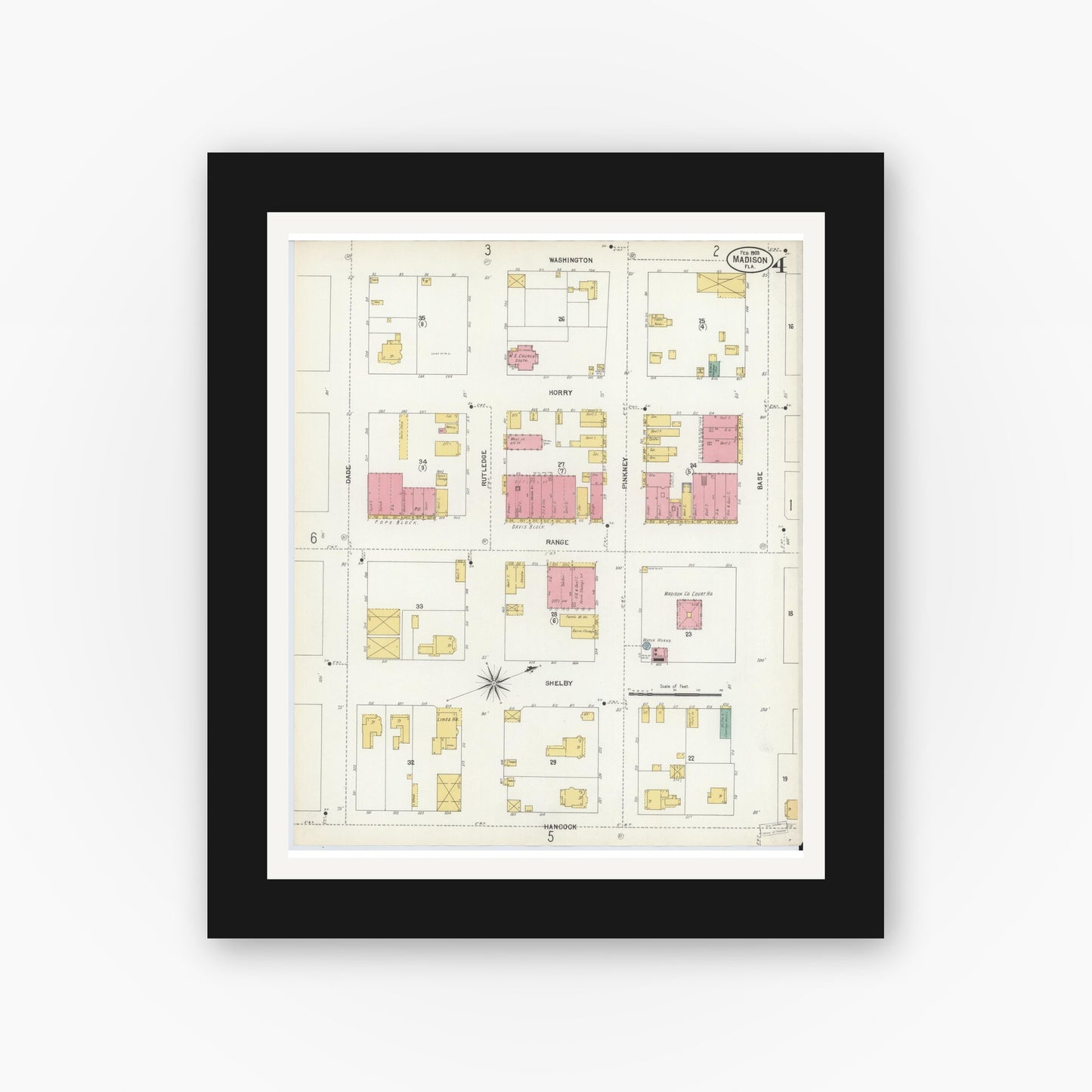 Old map wall art mockup — black gallery frame with white mat — Sanborn Fire Insurance Map from Madison, Madison County, Florida (1903), Sheet #0004