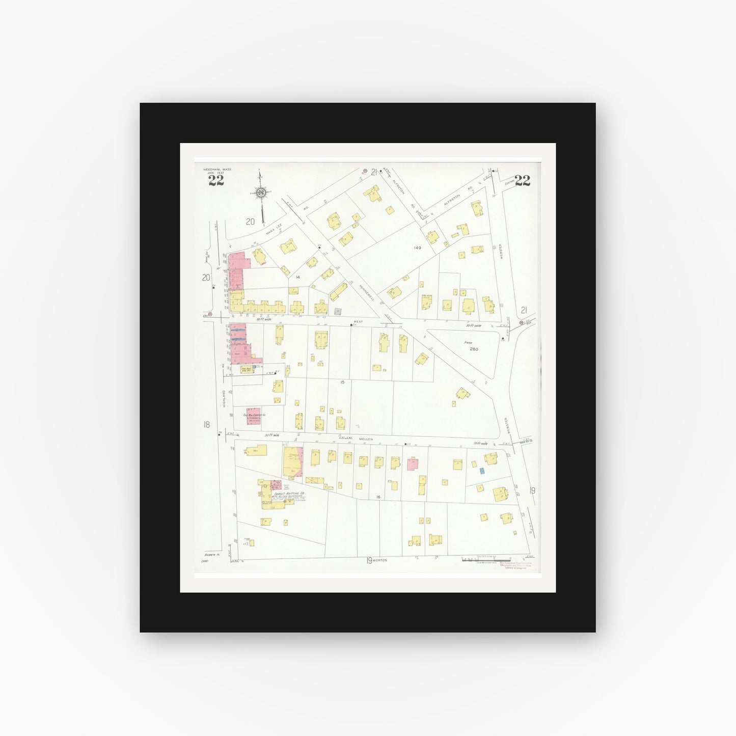 Old map wall art mockup — black gallery frame with white mat — Sanborn Fire Insurance Map from Needham, Norfolk County, Massachusetts (1937), Sheet #0022